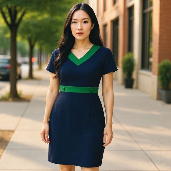 Lilly Pulitzer Sz S Preppy Dress Ponte Jersey Navy Blue Kelly Green V Neck - Picture 1 of 11